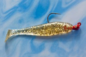 12 Fathom Fat Sam Mullet "Clear Gold", the greatest redfish lure ever made. 